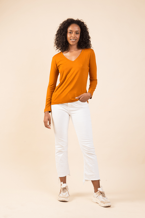 T-shirt Manga Longa Gola V Doce de Leite
