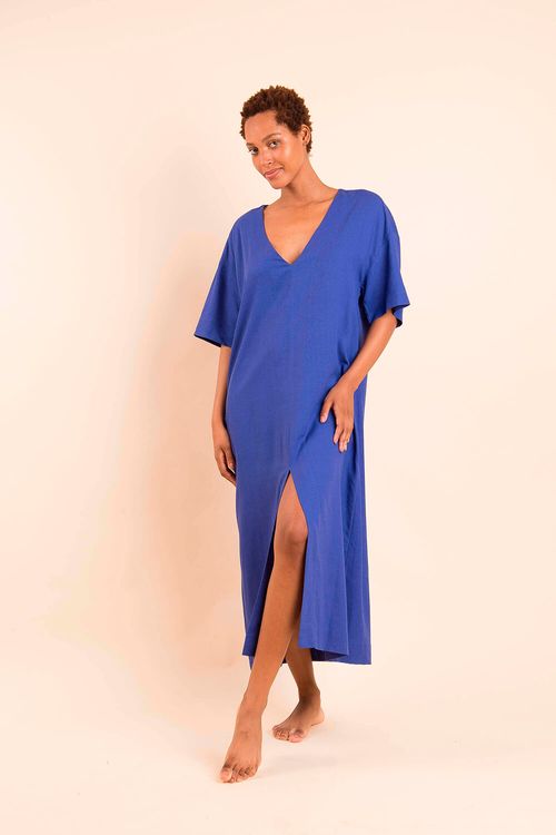 Vestido Linho Longo V Azul