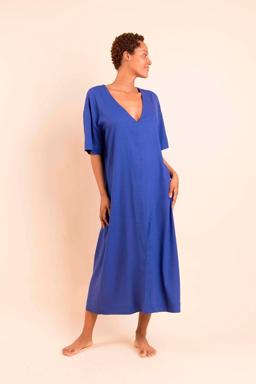 Vestido Linho Longo V Azul