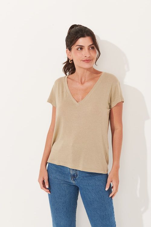 TSHIRT GOLA V VISCOLINHO PALHA