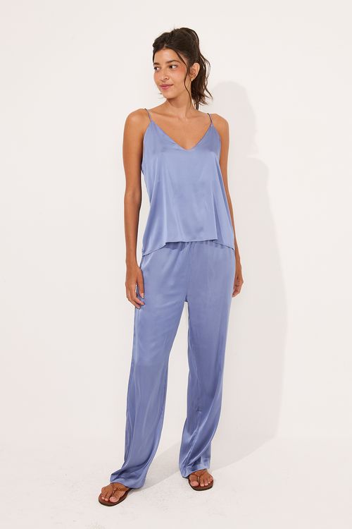 Conjuto Longo Alcinha Cetim Azul Jeans