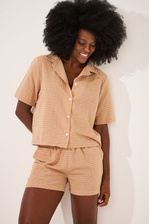 Conjunto Curto Resort Bordado Listras Off/Terra