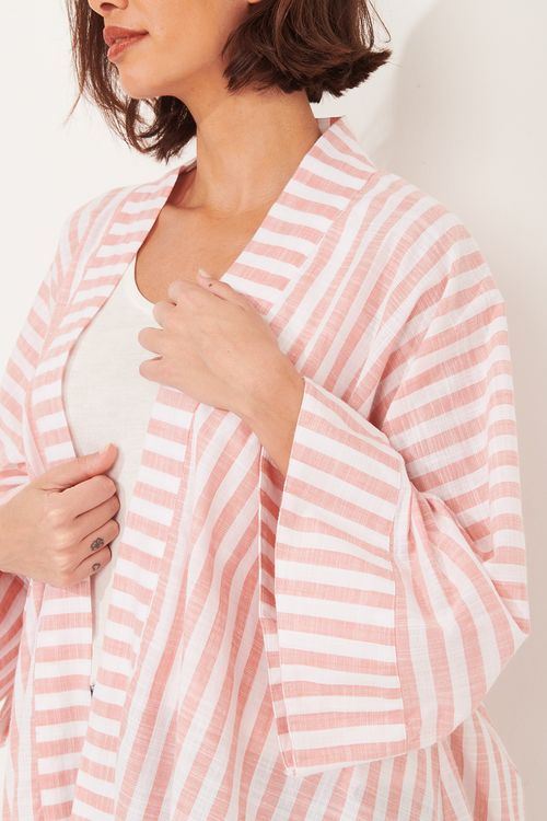 Kimono Listrado Salmão/Off Algodão