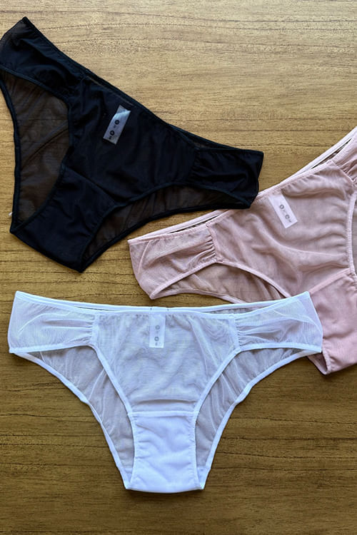 Kit 3 Calcinhas Média Tule Preto, Branco e Rosa Pele
