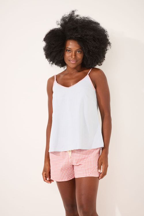 Pijama Curto Alcinha Mix Algodão Xadrez Azul/Laranja