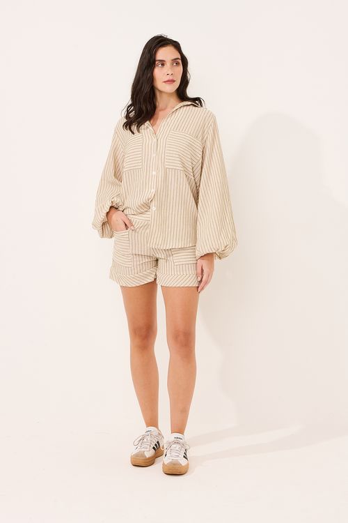 Conjunto Curto Resort Mix Bordado Listras Cru/Verde Chá