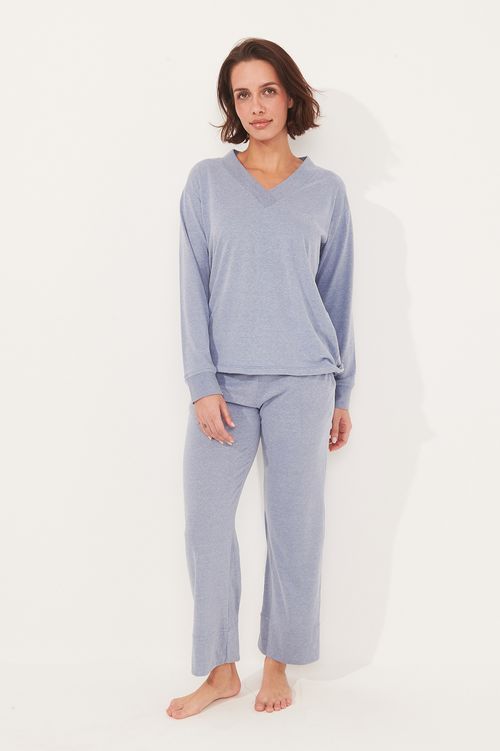 Conjunto Longo Soft Malha Aveludada Azul Polar