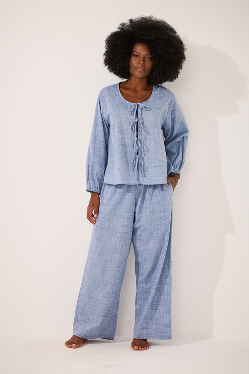 Conjunto Longo Laços Algodão Azul Polar