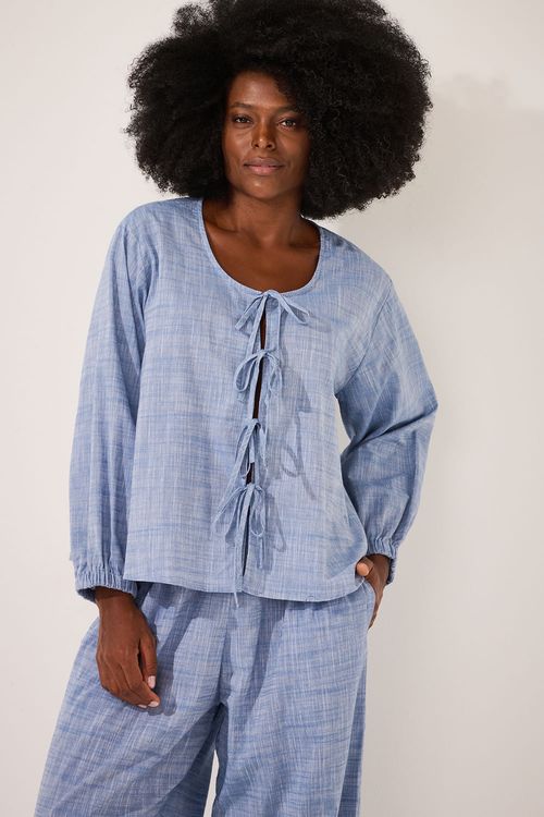 Conjunto Longo Laços Algodão Azul Polar