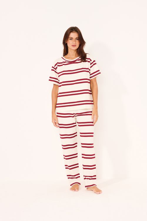 Conjunto Longo Tshirt Moletinho Listras Bordo/Off