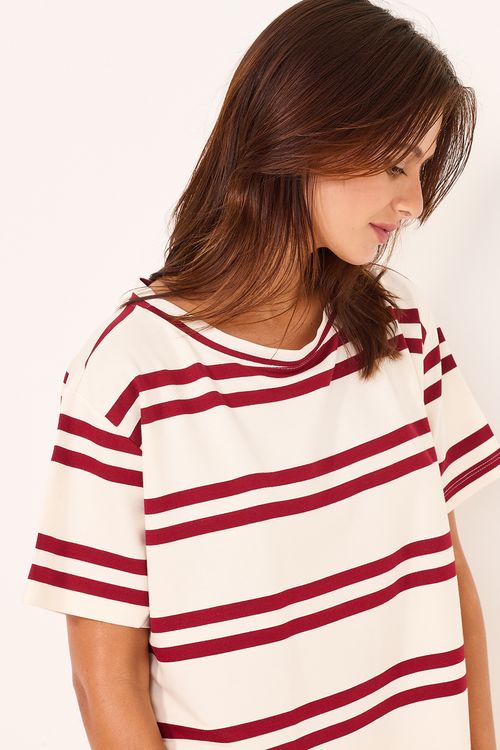 Conjunto Longo Tshirt Moletinho Listras Bordo/Off
