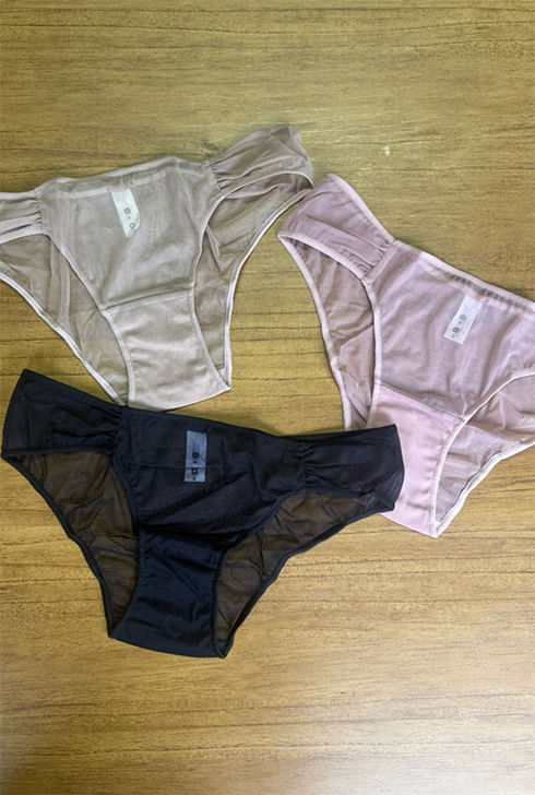 Kit 3 Calcinhas Média Tule Preto, Chocolate e Rosa Pele
