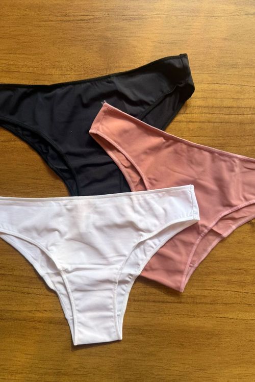 Kit 3 Calcinhas Média Poliamida Preto, Branco e Nude Rosa