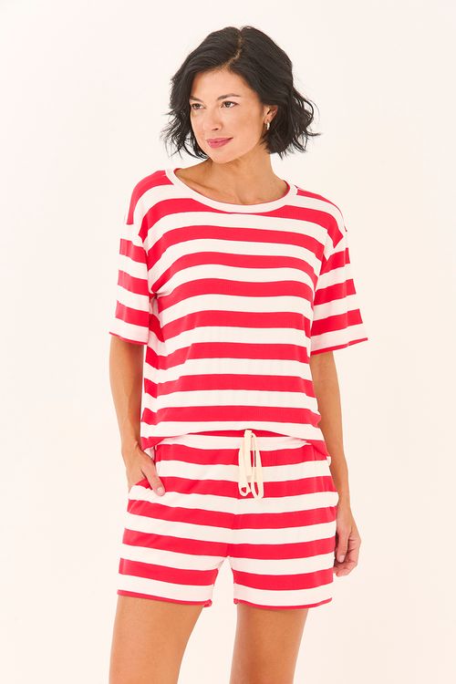 Conjunto Tshirt Ampla+Short Listra Rosa Goiaba/Off