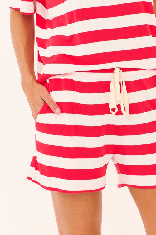 Conjunto Tshirt Ampla+Short Listra Rosa Goiaba/Off