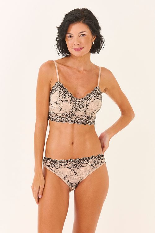 Calcinha Media Renda Bicolor Nude/Preto