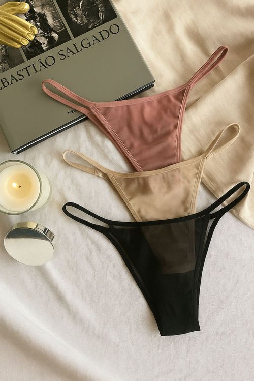 Kit 3 Tanga Tule Preto, Chocolate e Rosa