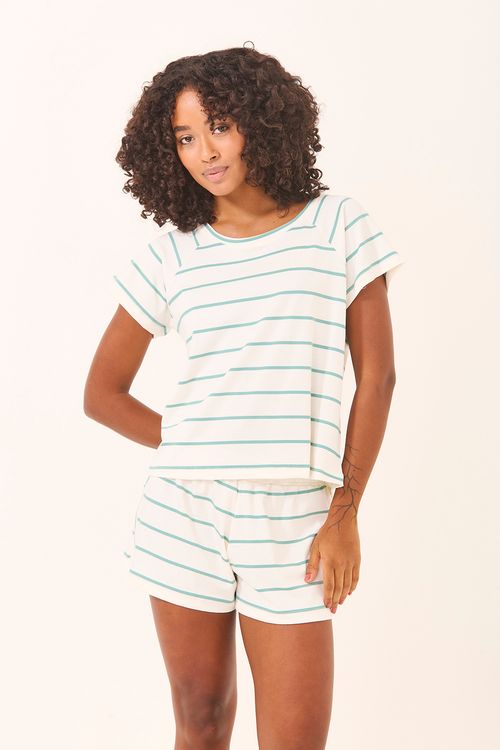 Pijama Curto Raglan Listras Verde/Off