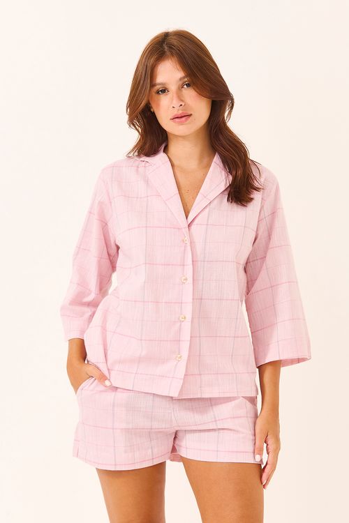 Pijama Curto Running Xadrez Rosa/Mescla