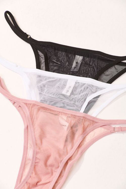 Kit 3 Calcinhas Tanga Tule Preto, Branco e Rosa