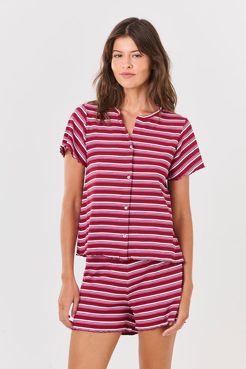 Conjunto Curto Canelado Botões Listras Carmin/Rosa