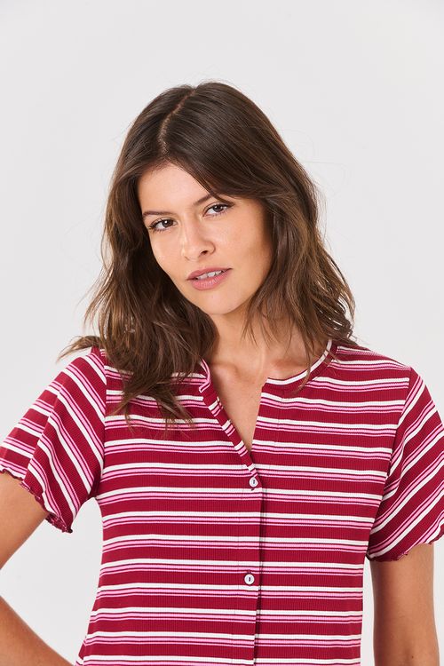 Conjunto Curto Canelado Botões Listras Carmin/Rosa