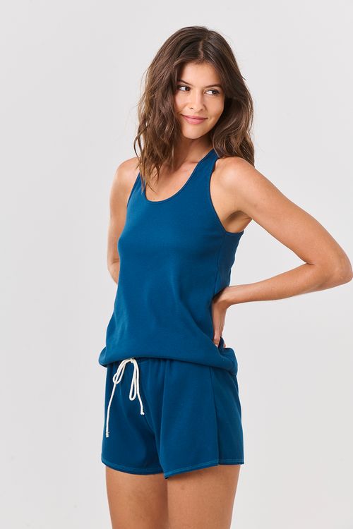 Pijama Curto Regata Canelado Azul