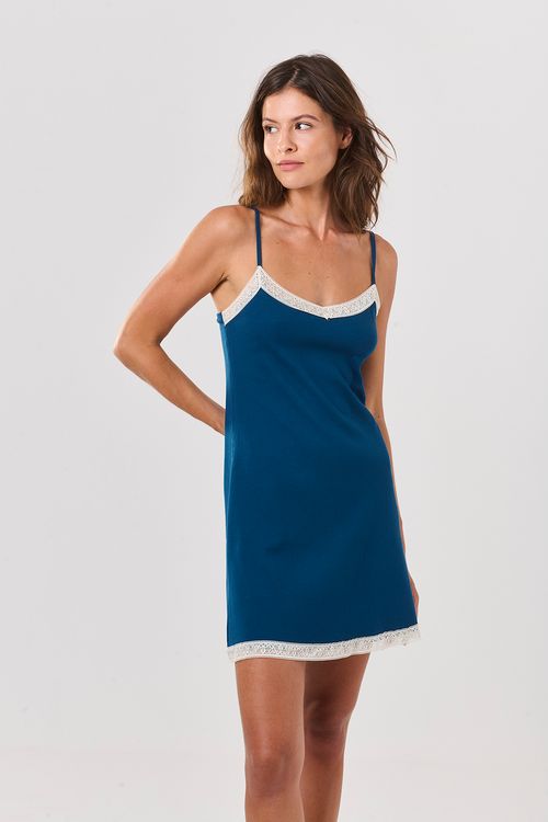 Camisola Decote Renda Canelado Azul