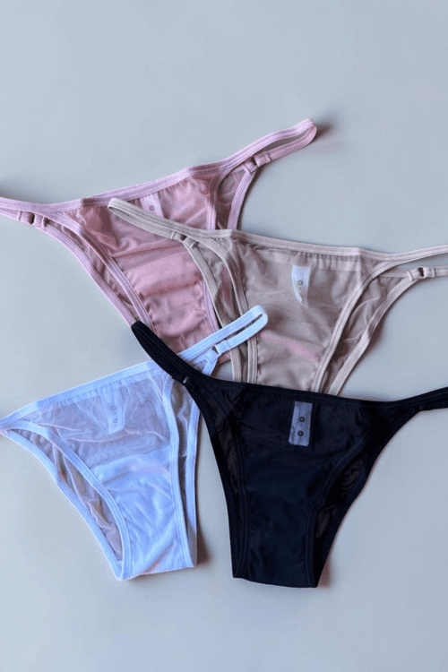 Kit 4 Calcinhas Tanga Tule Preto, Branco, Rosa e Chocolate