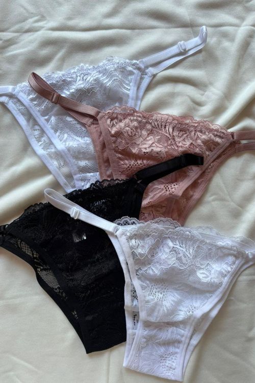 Kit 4 Calcinhas Tanga Renda Preto, Branco e Rosa.