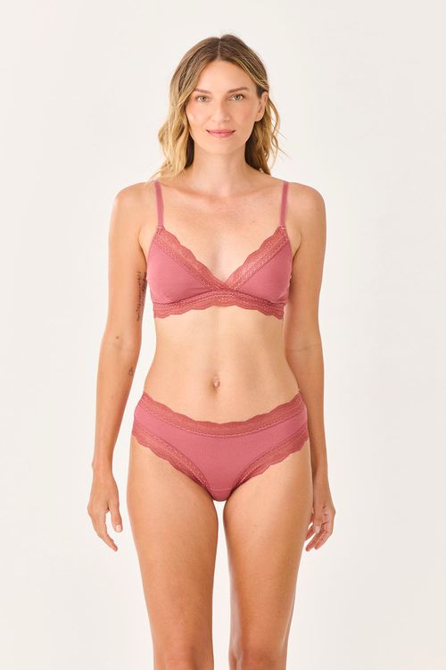 Calcinha Média Cavada Renda Canelado Rosa