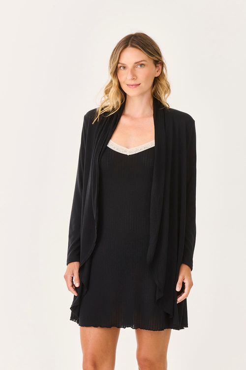 Conjunto Camisola+Cardigan Tricot Preto/Palha